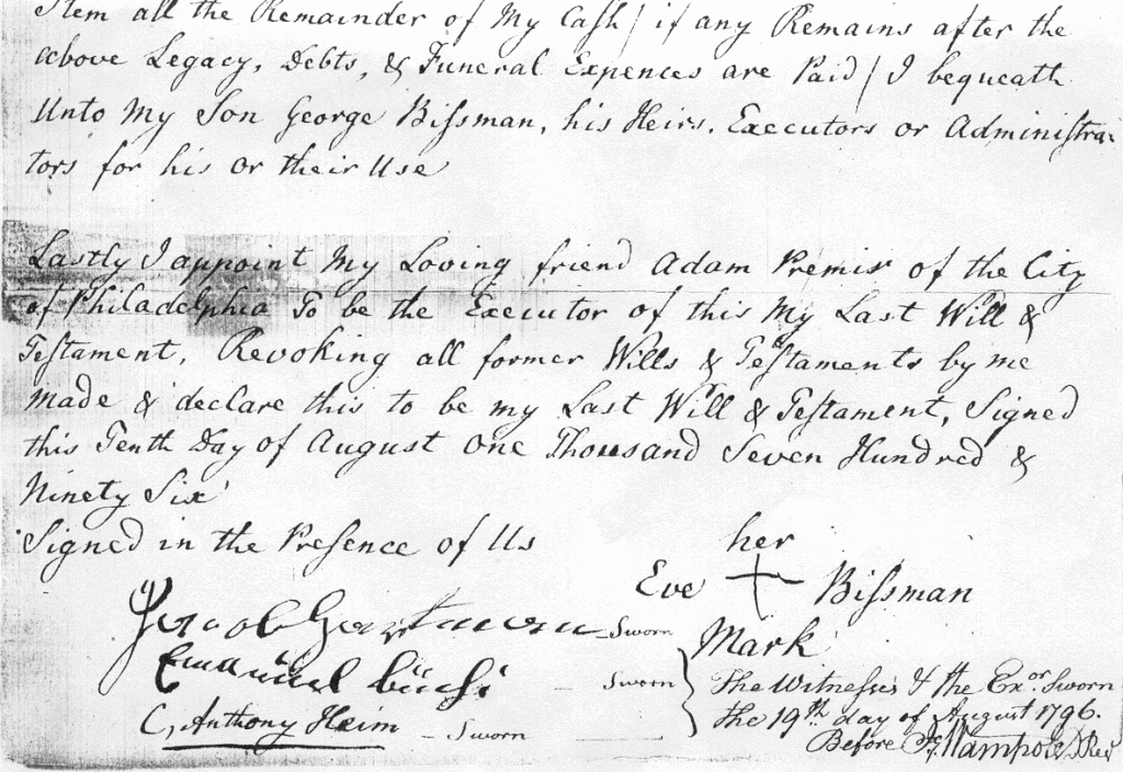 Emanuel Behe as a witness on a Last Will in Philadelphia on August 10, 1796